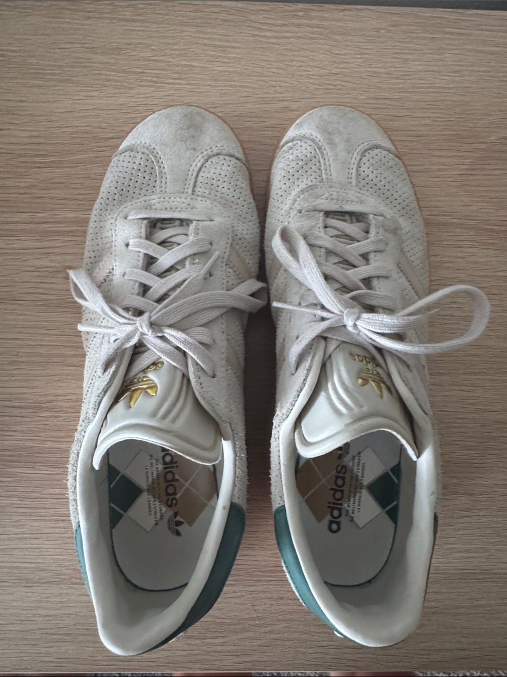 adidas Women’s Suede Sneaker in Light Beige with Teal Heel